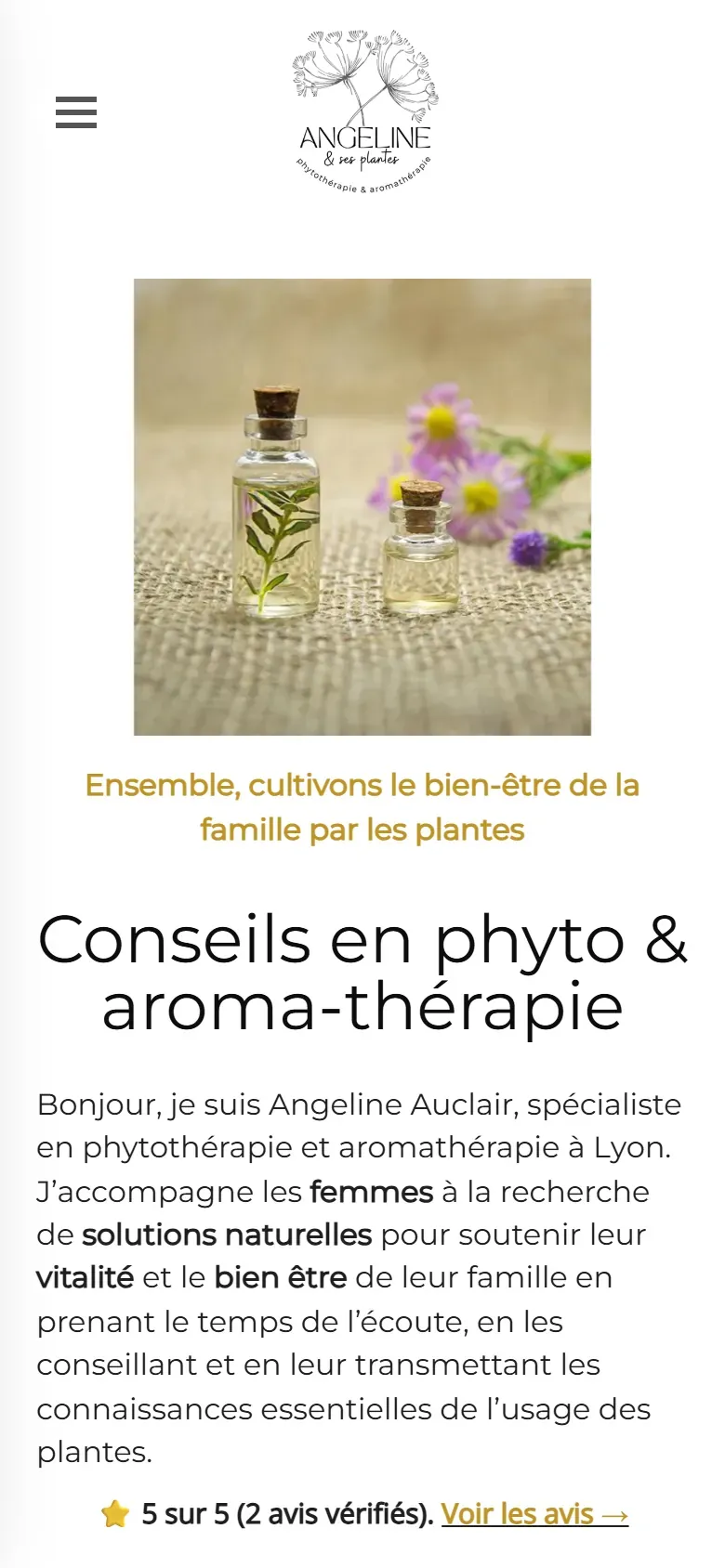 Page d’accueil de Angéline et ses plantes sur mobile.
