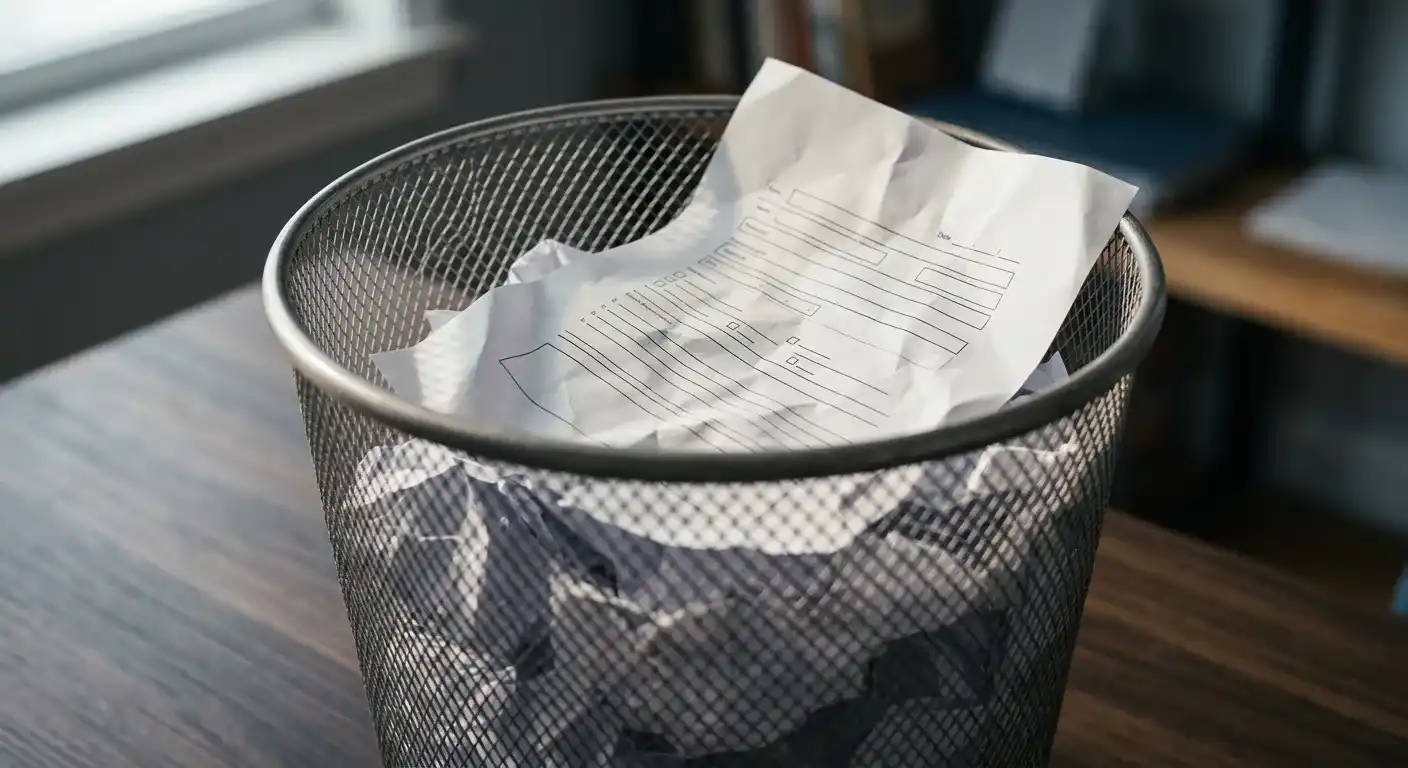 Des demandes non qualifiées qui ne mènent à aucune vente : des formulaires froissés jetés dans une corbeille.
