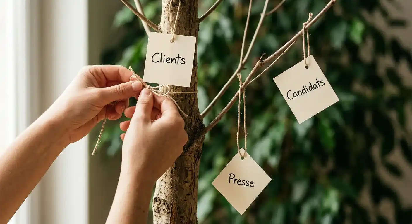 Plusieurs publics, une seule promesse centrale : des mains attachent les étiquettes « Clients », « Candidats » et « Presse » à un jeune arbre.