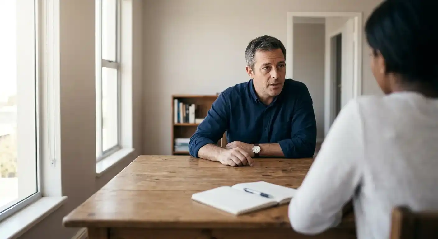 Une séquence de bienvenue avance comme une conversation, étape par étape : deux personnes discutent de part et d'autre d'une table.
