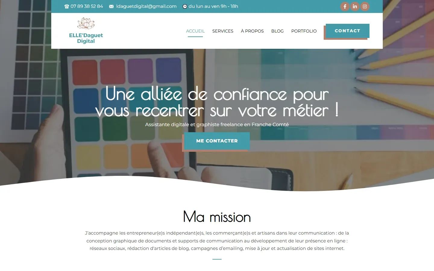 Page d’accueil d’Elle Daguet Digital : « Une alliée de confiance pour vous recentrer sur votre métier », bouton Me contacter.
