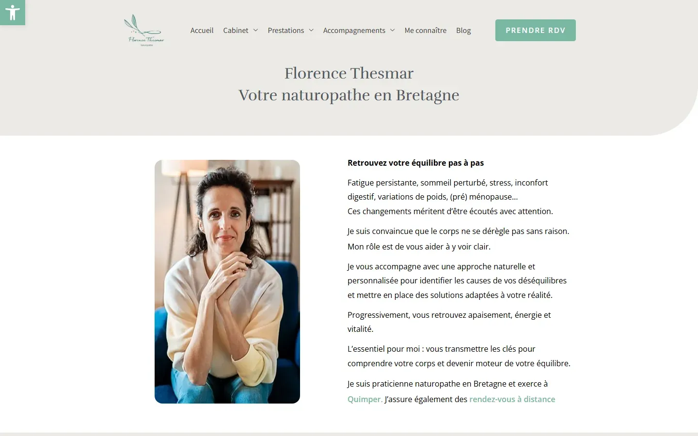 Page d’accueil de Florence Thesmar, naturopathe en Bretagne : portrait et présentation, bouton Prendre RDV.