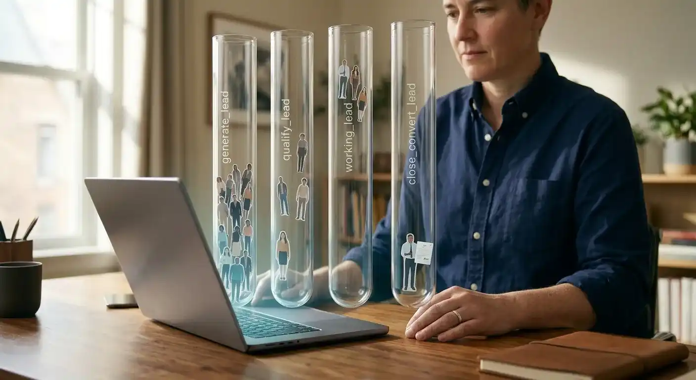 Les quatre événements GA4 filtrent les contacts du lead brut au contrat signé : quatre tubes en verre s'élèvent d'un ordinateur portable, les silhouettes se raréfient à chaque étape.