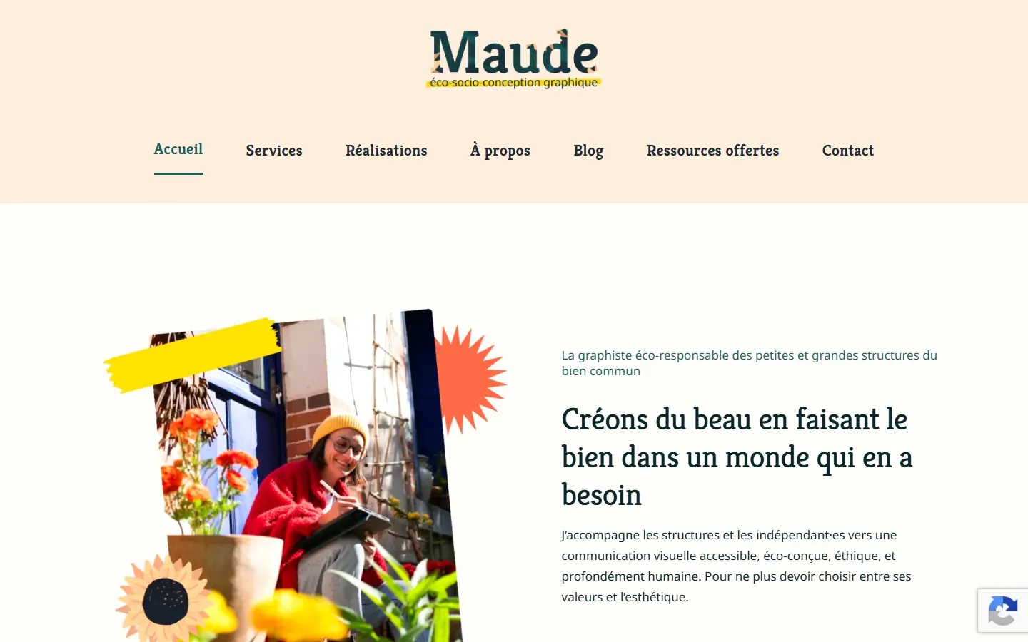 Page d’accueil de Maude de Goër, graphiste : photo et accroche « Créons du beau en faisant le bien ».