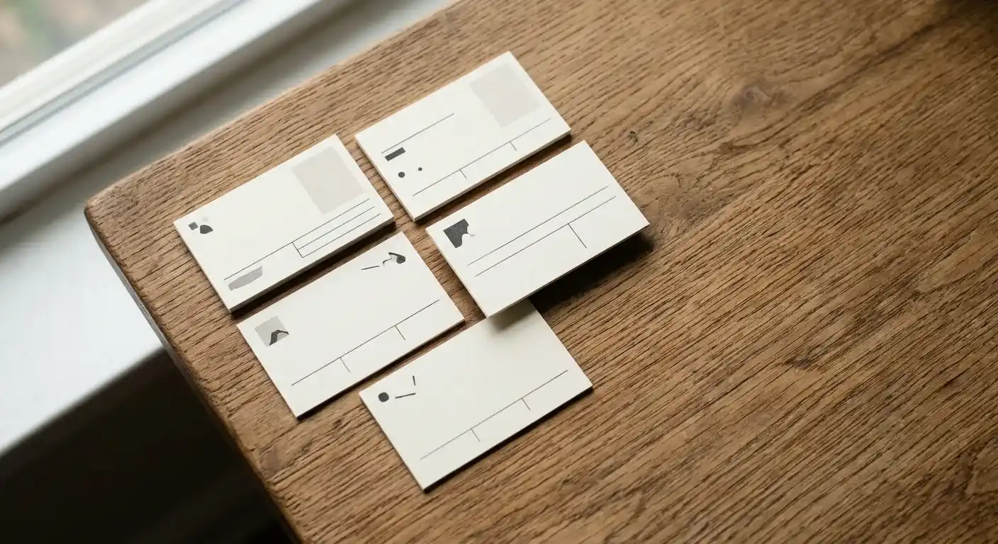 Chez un même client, plusieurs personnes pèsent sur l'achat : cinq cartes de visite de la même entreprise, étalées sur une table.