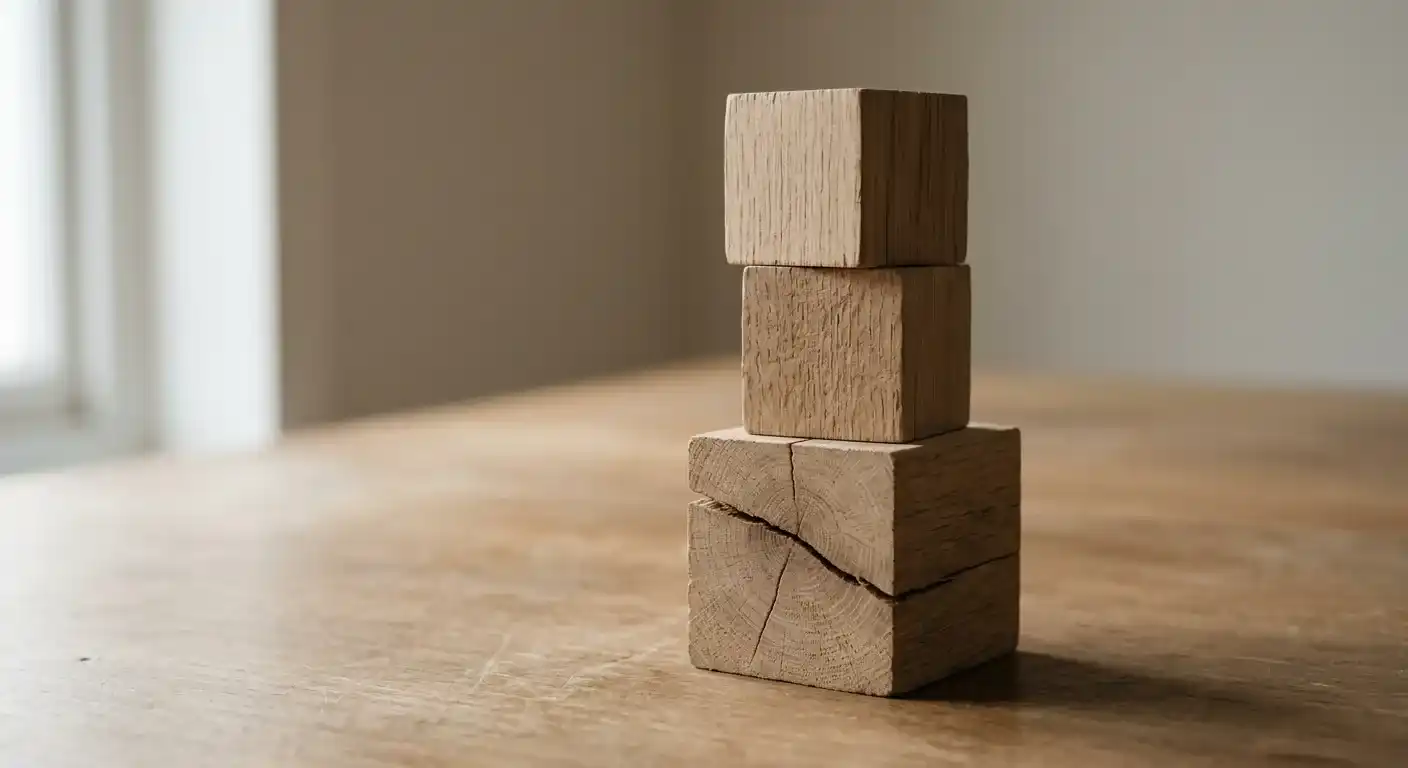La maintenance a trois étages (technique, sécurité, optimisation) et tout repose sur la base : trois blocs de bois empilés, celui du bas fendu.