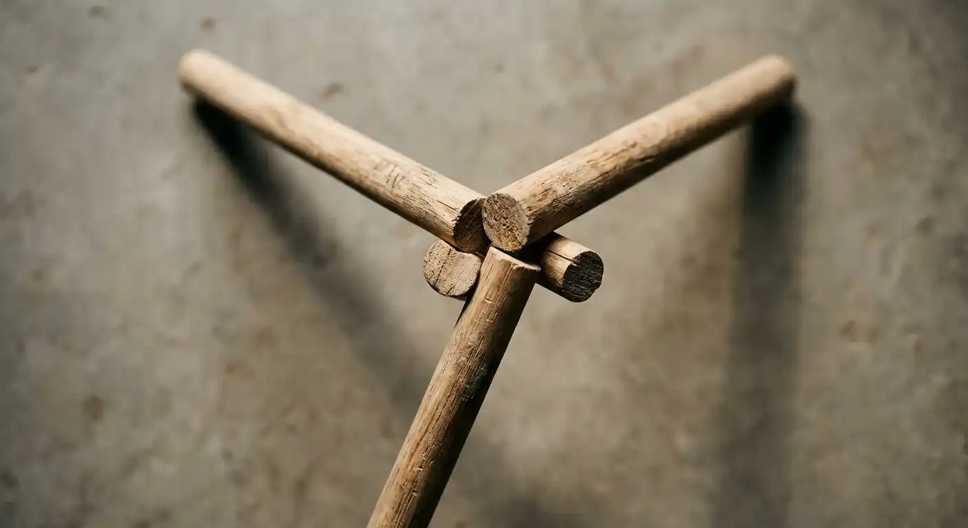 Trois piliers pour qu'un site transforme le trafic en clients : trois bâtons de bois assemblés en trépied.
