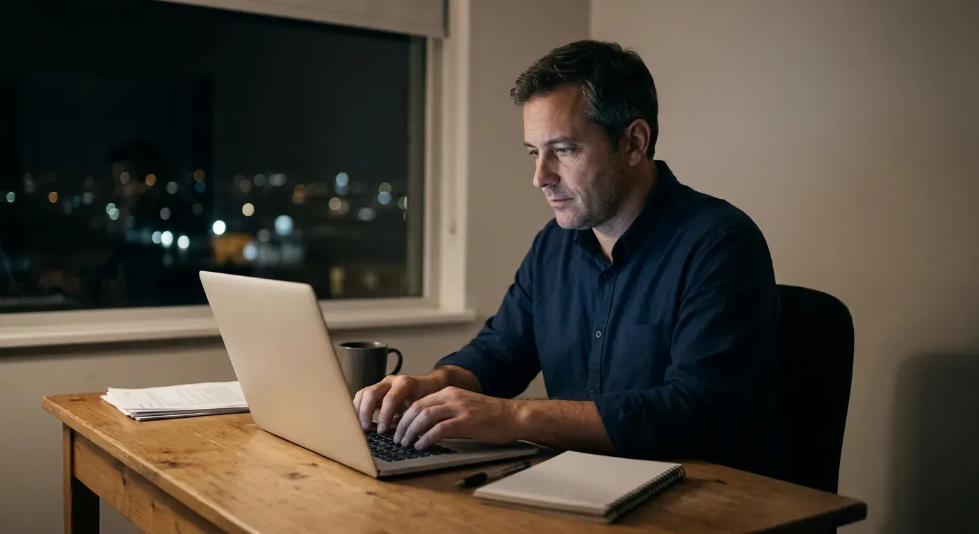 Le dirigeant ne peut pas relancer chaque contact, la séquence email le fait pour lui : un homme seul à son ordinateur, tard le soir.