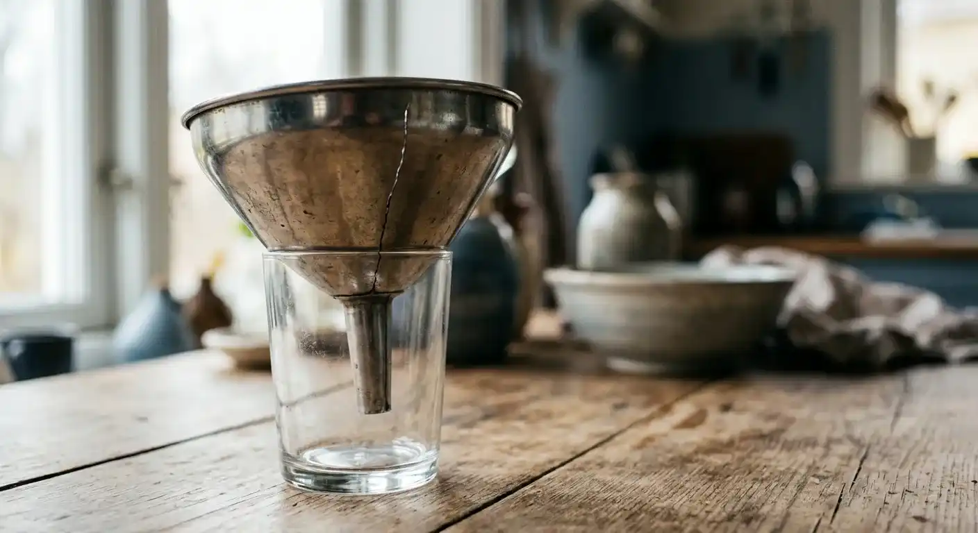 Des ruptures empêchent le trafic de devenir des contacts : un entonnoir en métal fissuré posé sur un verre vide.