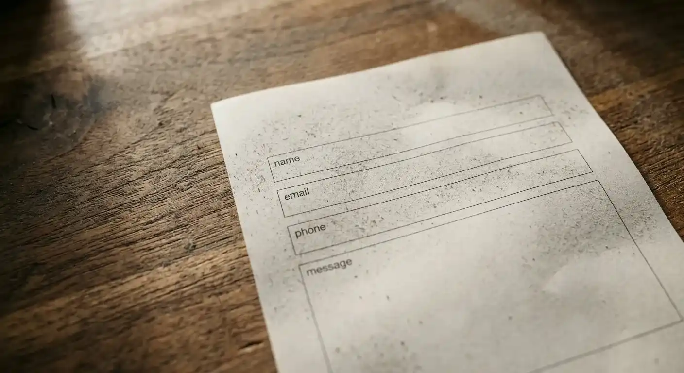 Un site lent fait perdre des demandes de devis : un formulaire de contact en papier, couvert de poussière.