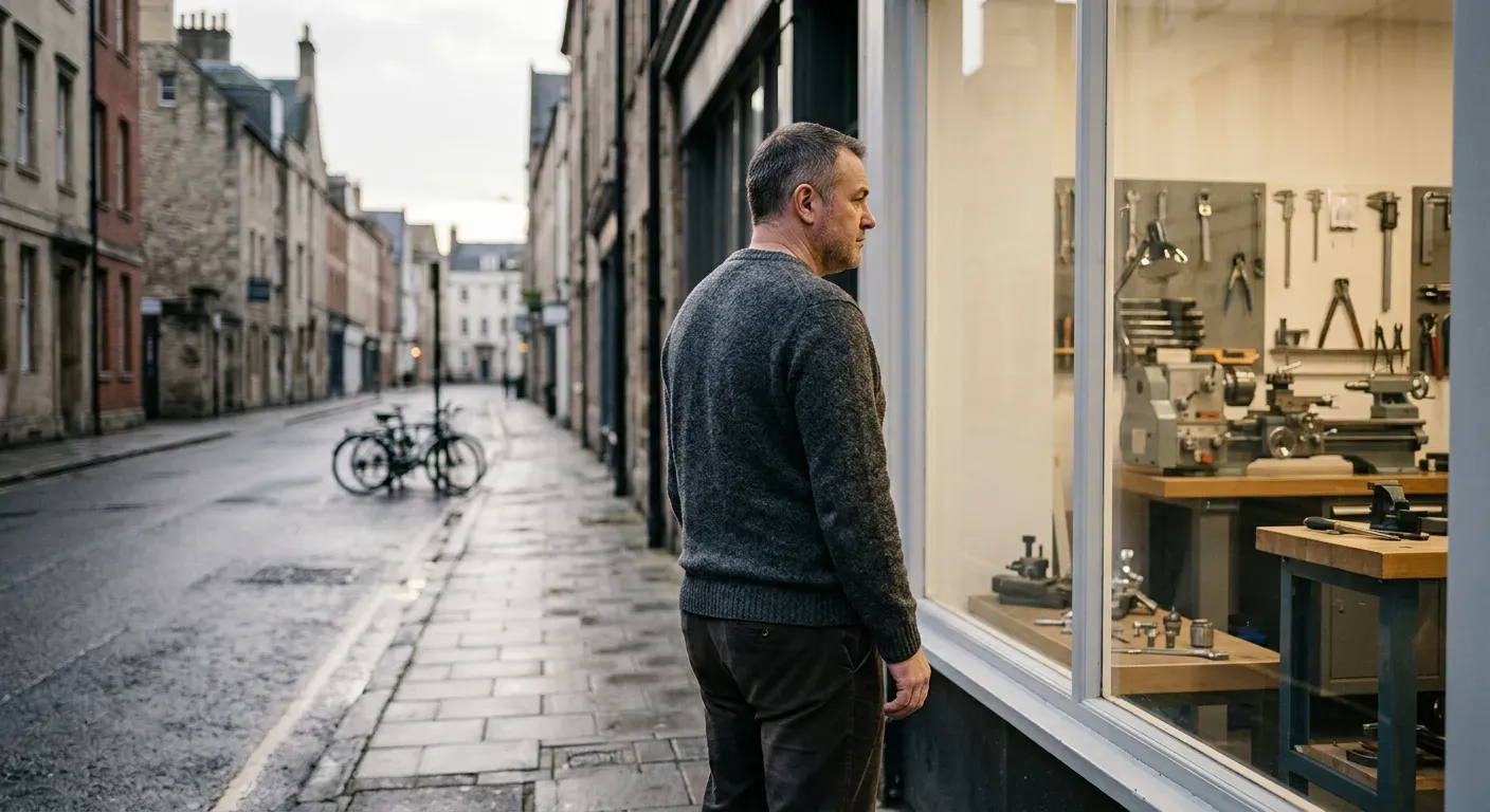 Un site qui parle de l'entreprise et pas du client reste désert : un homme devant la vitrine de son atelier, rue vide.