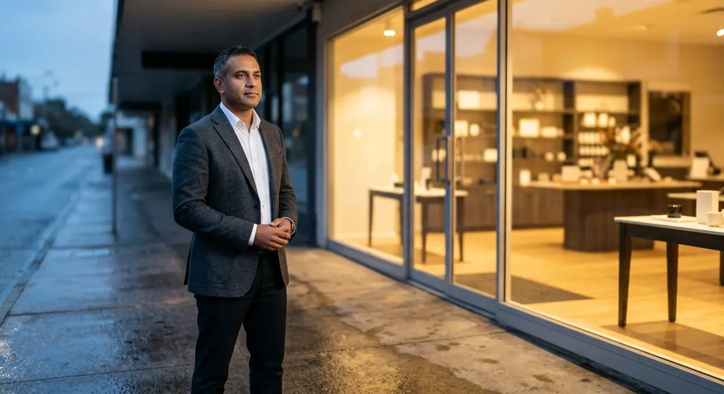 Un site présentable qui n'apporte pas de demandes qualifiées : un homme devant une boutique éclairée, dans une rue vide.
