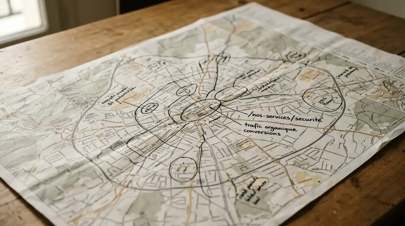 Avant une refonte, on fait l'inventaire des pages existantes : un plan de ville annoté à la main, étalé sur une table.