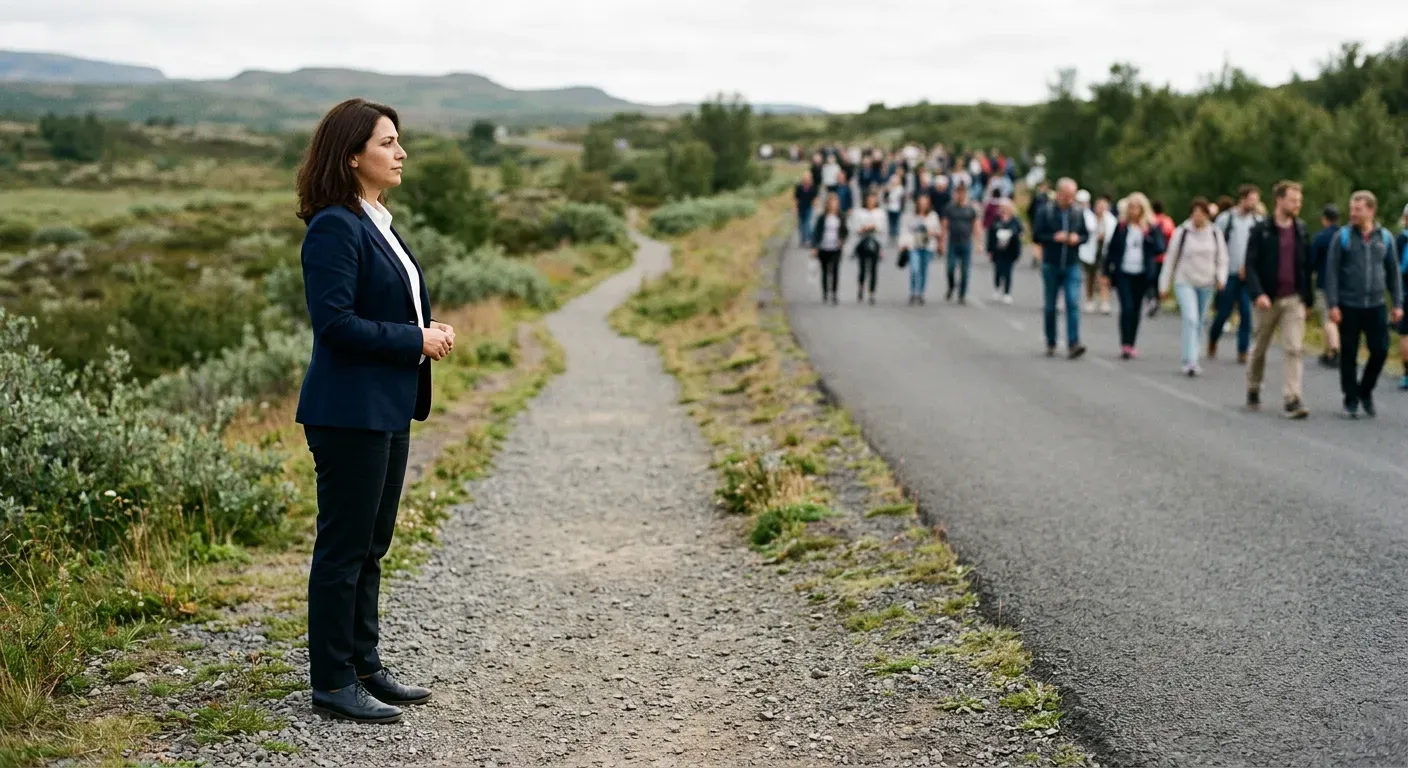 Un lead magnet qui vise un besoin précis plutôt qu'un sujet vaste : une femme choisit un sentier étroit pendant que la foule suit la route.