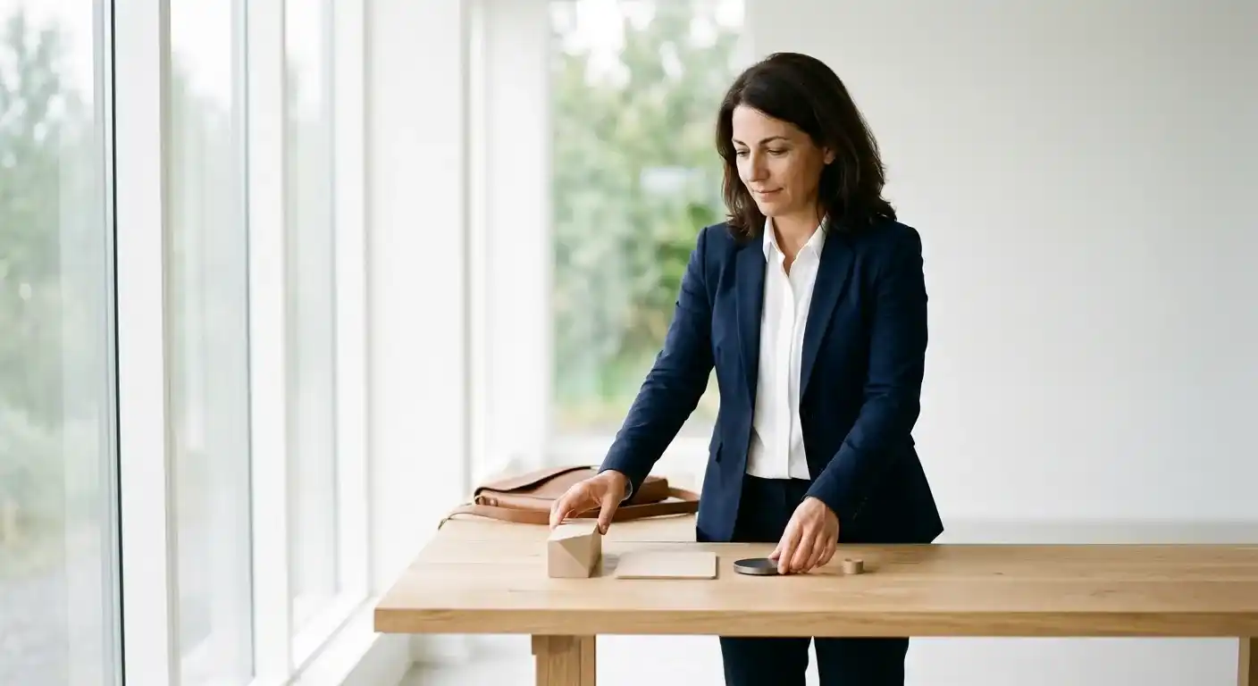 On peut mettre en place un lead magnet sans équipe technique, en assemblant des outils simples : une consultante dispose de petites pièces sur une table.