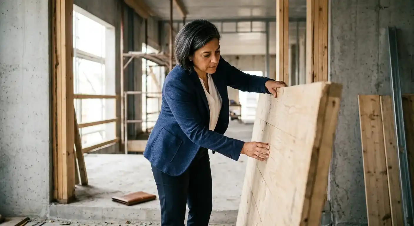 Phase 3 du plan SEO : tester et ajuster ce qui transforme les visiteurs en clients. Une femme ajuste un panneau dans un local en chantier.
