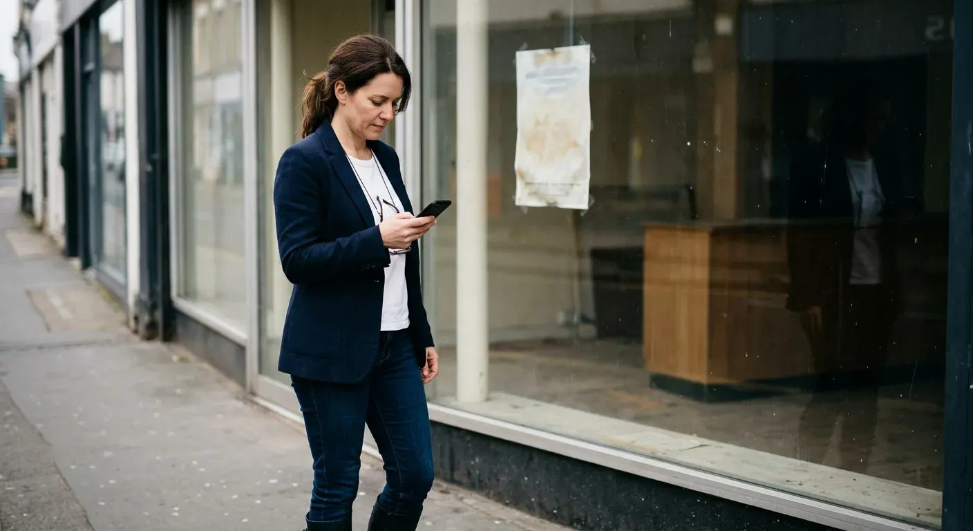 Un site abandonné reste en ligne mais ne vit plus : une femme passe devant une boutique fermée et vide.