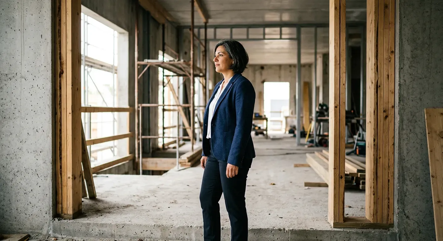 Un plan SEO pose des bases mesurables avant les premiers résultats : une femme d'affaires dans un bâtiment en construction.