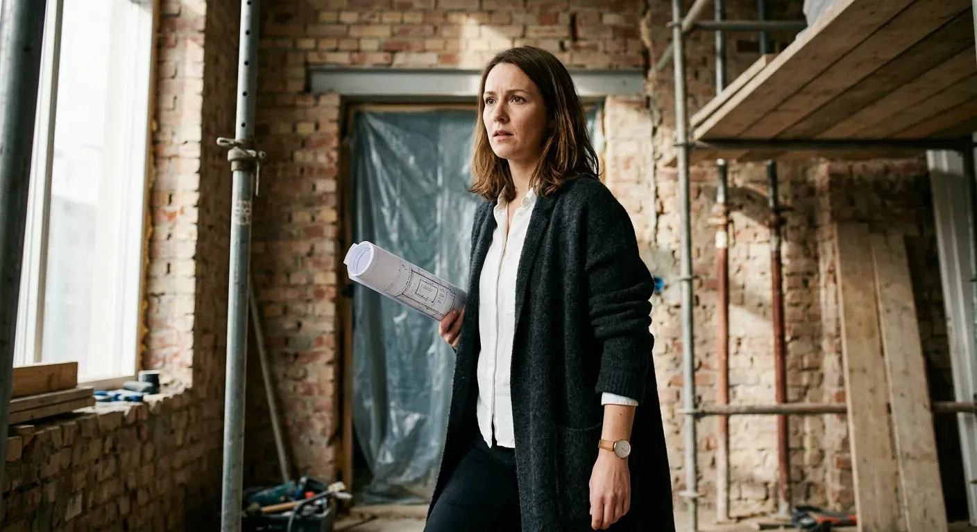 Lancer une refonte sans faire l'état des lieux du site existant : une femme entre dans un local en travaux, des plans à la main.