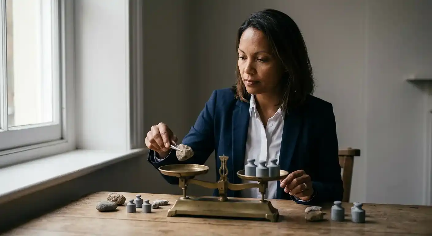 Toutes les conversions n'ont pas la même valeur : une femme pèse des pierres sur une balance à plateaux.