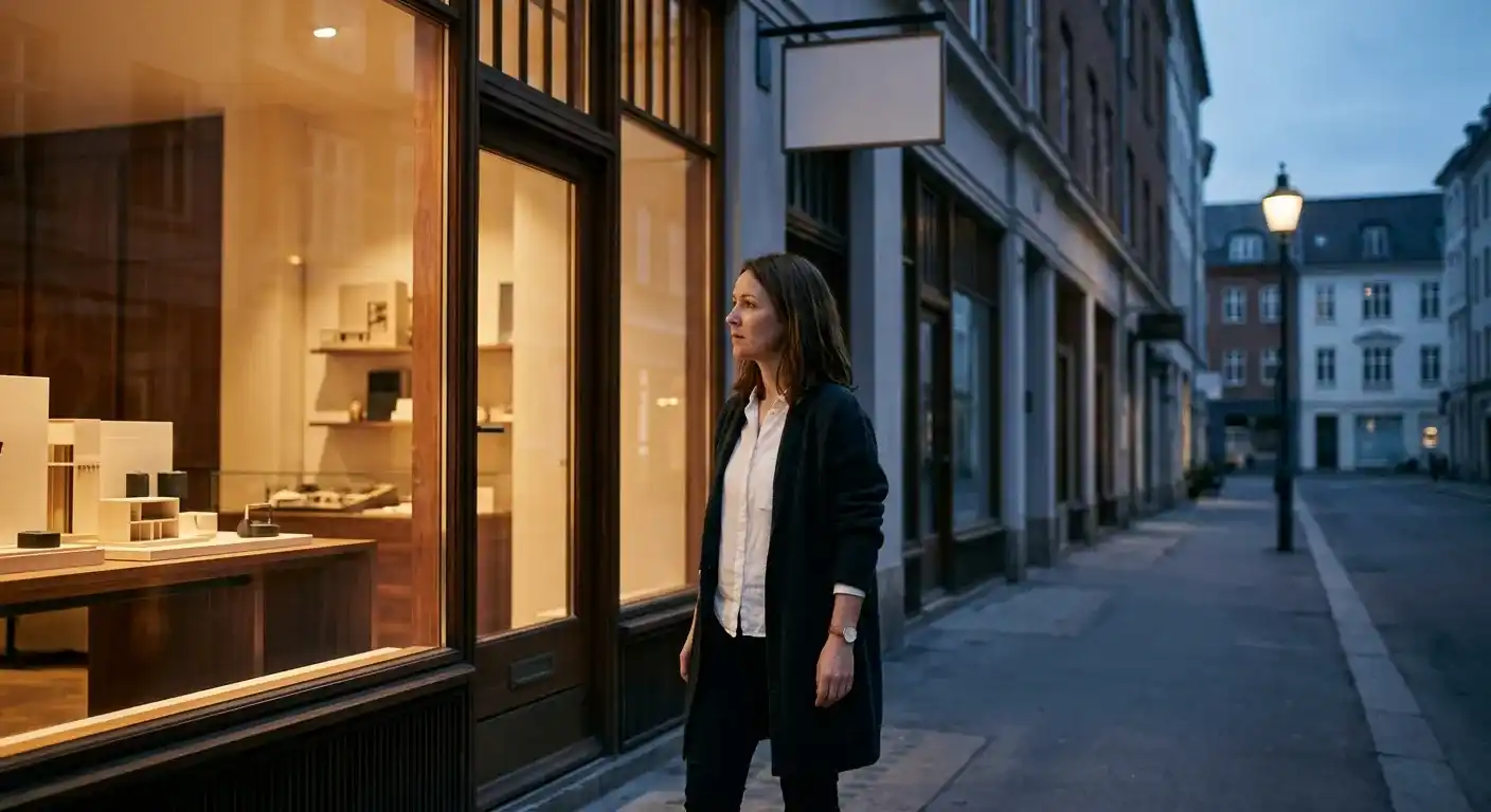 Un nouveau design sans contenus repensés n'attire personne : une femme devant la vitrine élégante d'une boutique vide.