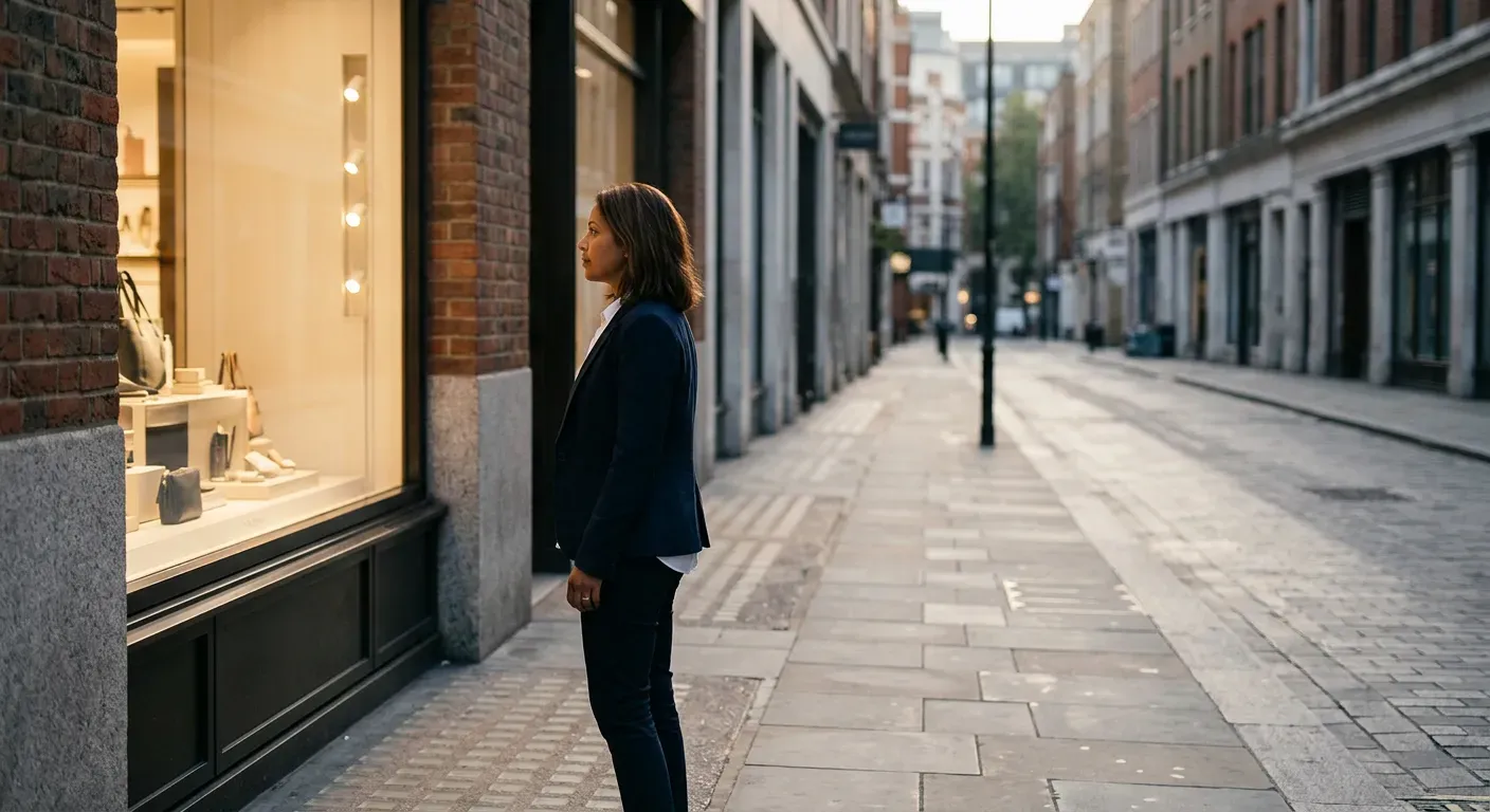 Plus de trafic ne suffit pas si ce n'est pas le bon public : une femme seule devant une vitrine éclairée, rue vide.