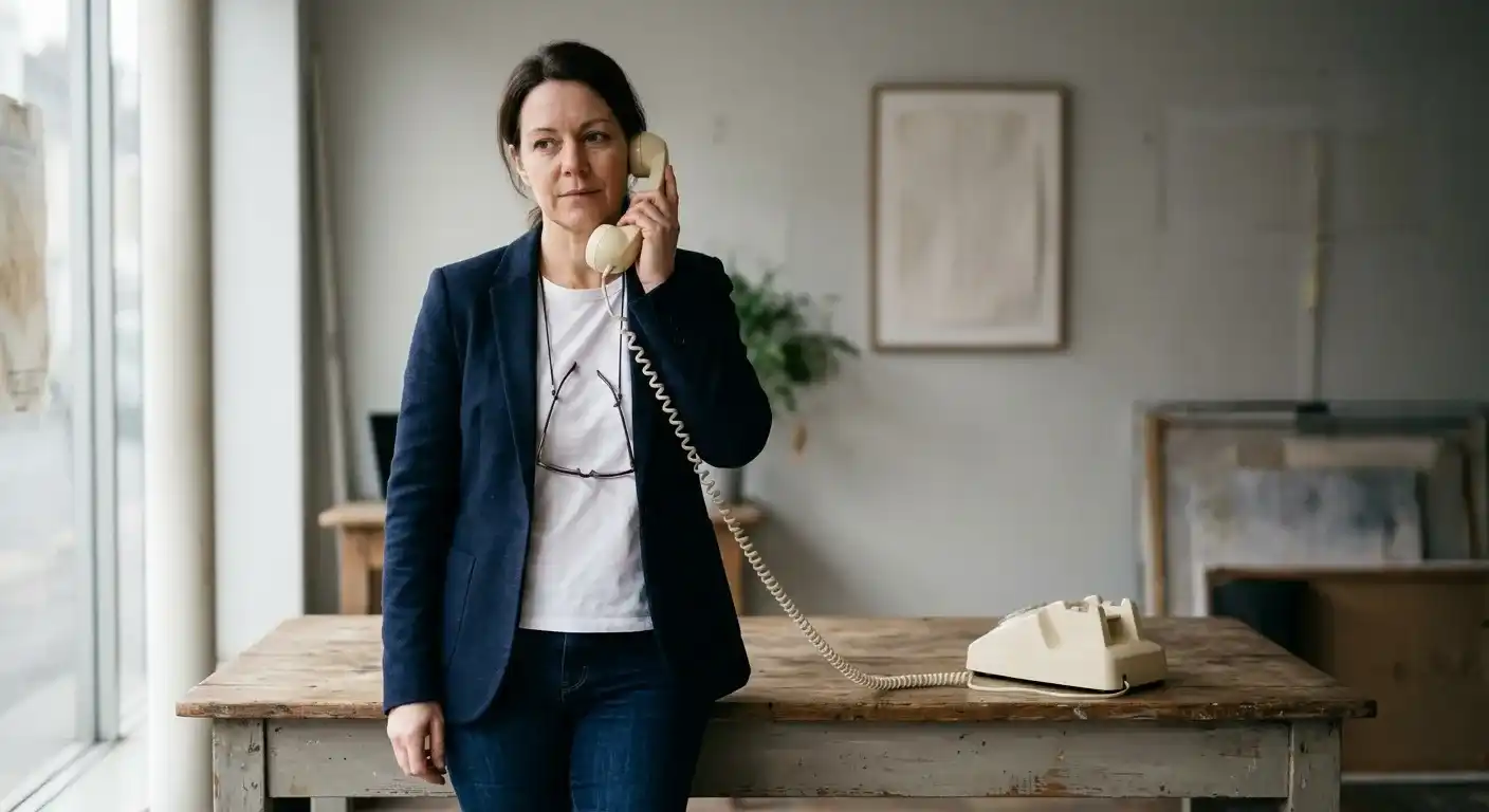 Un formulaire de contact en panne, c'est une ligne coupée : les demandes n'arrivent plus. Une femme au téléphone près d'un vieux combiné.