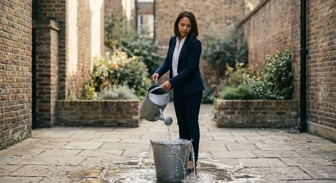 Plus de trafic non qualifié, c'est plus d'efforts pour rien : une femme verse de l'eau dans un seau qui déborde déjà.
