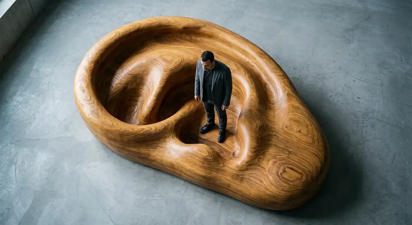 Trouver sa promesse commence par écouter les mots exacts de ses meilleurs clients : un homme debout dans une oreille géante en bois.
