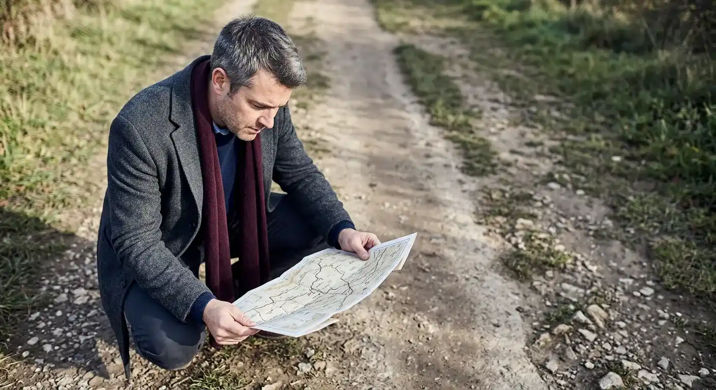 Données réelles des visiteurs contre test en laboratoire : un homme accroupi compare une carte au chemin sous ses pieds.