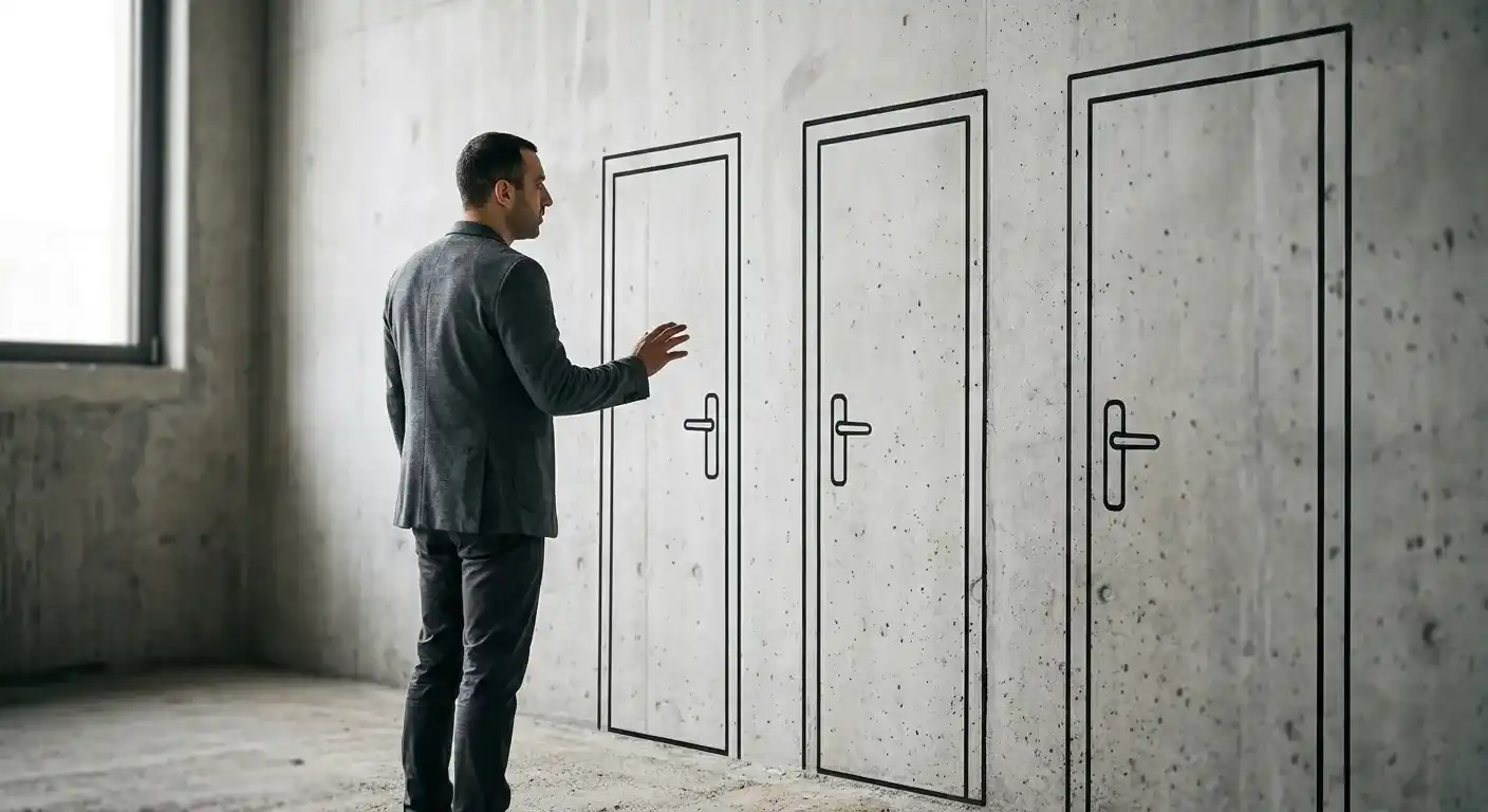 Parler à tout le monde à la fois paralyse le visiteur : un homme face à trois portes identiques dessinées sur un mur.