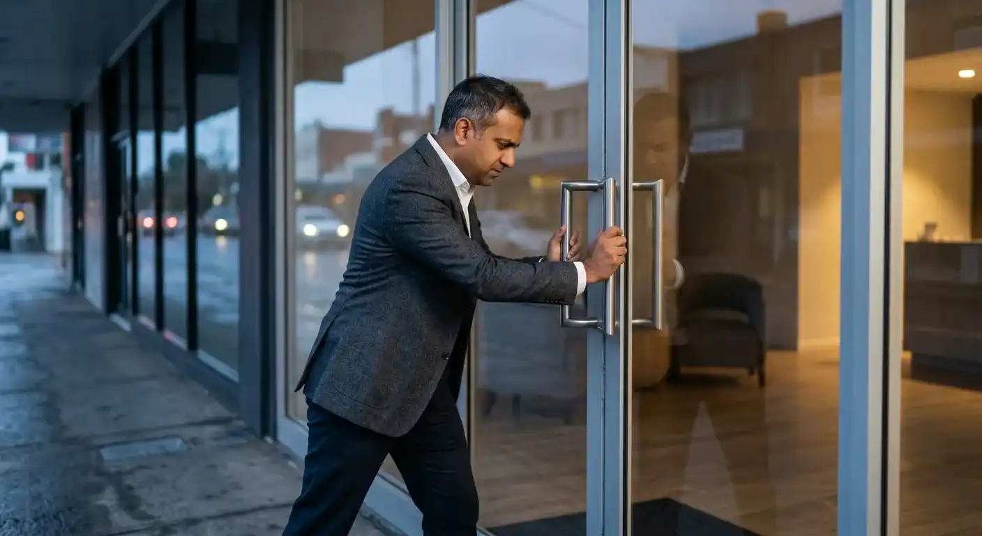 Un site lent ou instable sur mobile bloque le visiteur : un homme pousse de toutes ses forces une porte vitrée qui résiste.