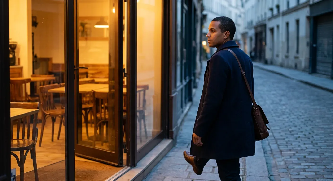 Un site trop lent perd le visiteur avant qu'il ne voie l'offre : un homme passe devant un café au moment où il s'éclaire.
