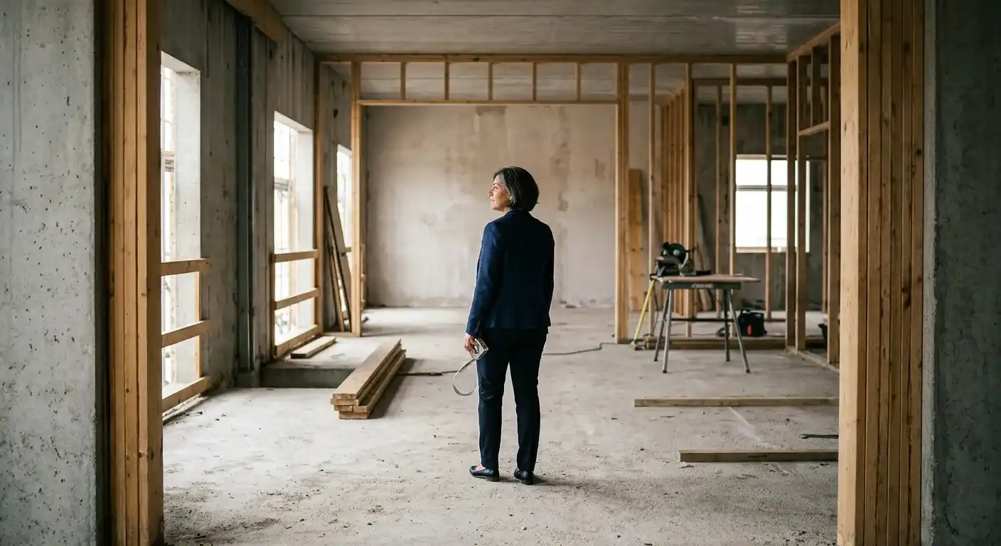 Le plan SEO commence par un audit technique, avant toute optimisation : une femme seule dans un grand local en travaux.