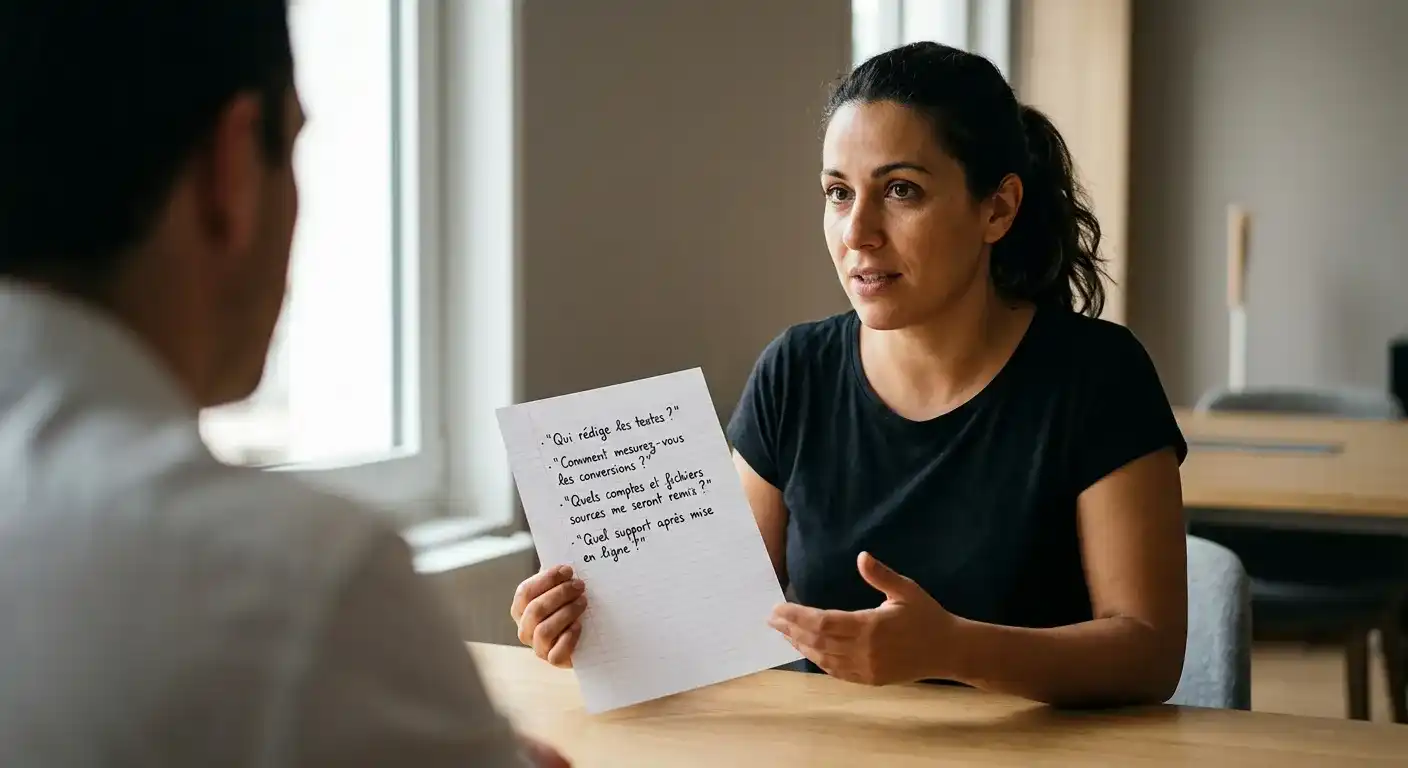 Les quatre questions à poser à un prestataire avant de signer : une femme montre sa liste de questions écrite à la main.