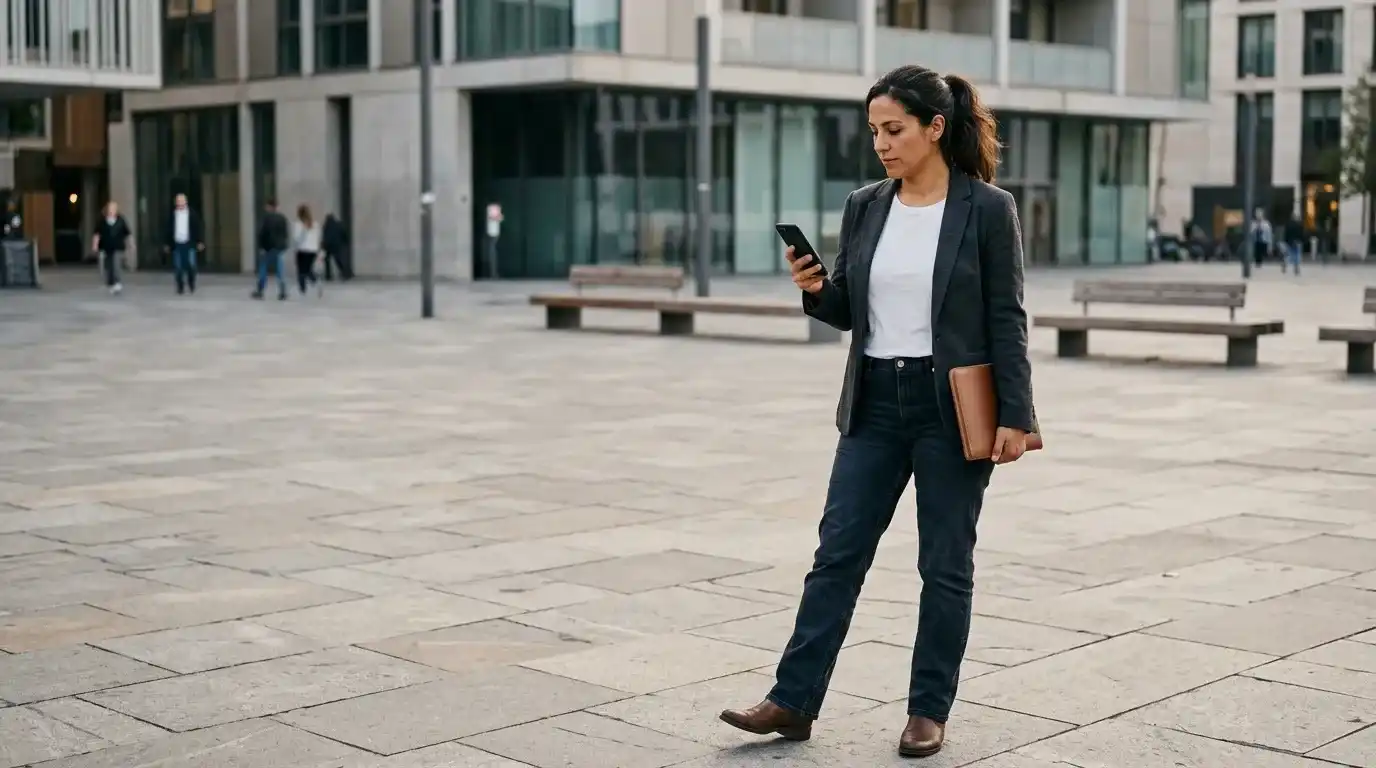 Avant de choisir un prestataire, on fait le point sur son budget, son temps et son besoin : une femme consulte son téléphone sur une place.