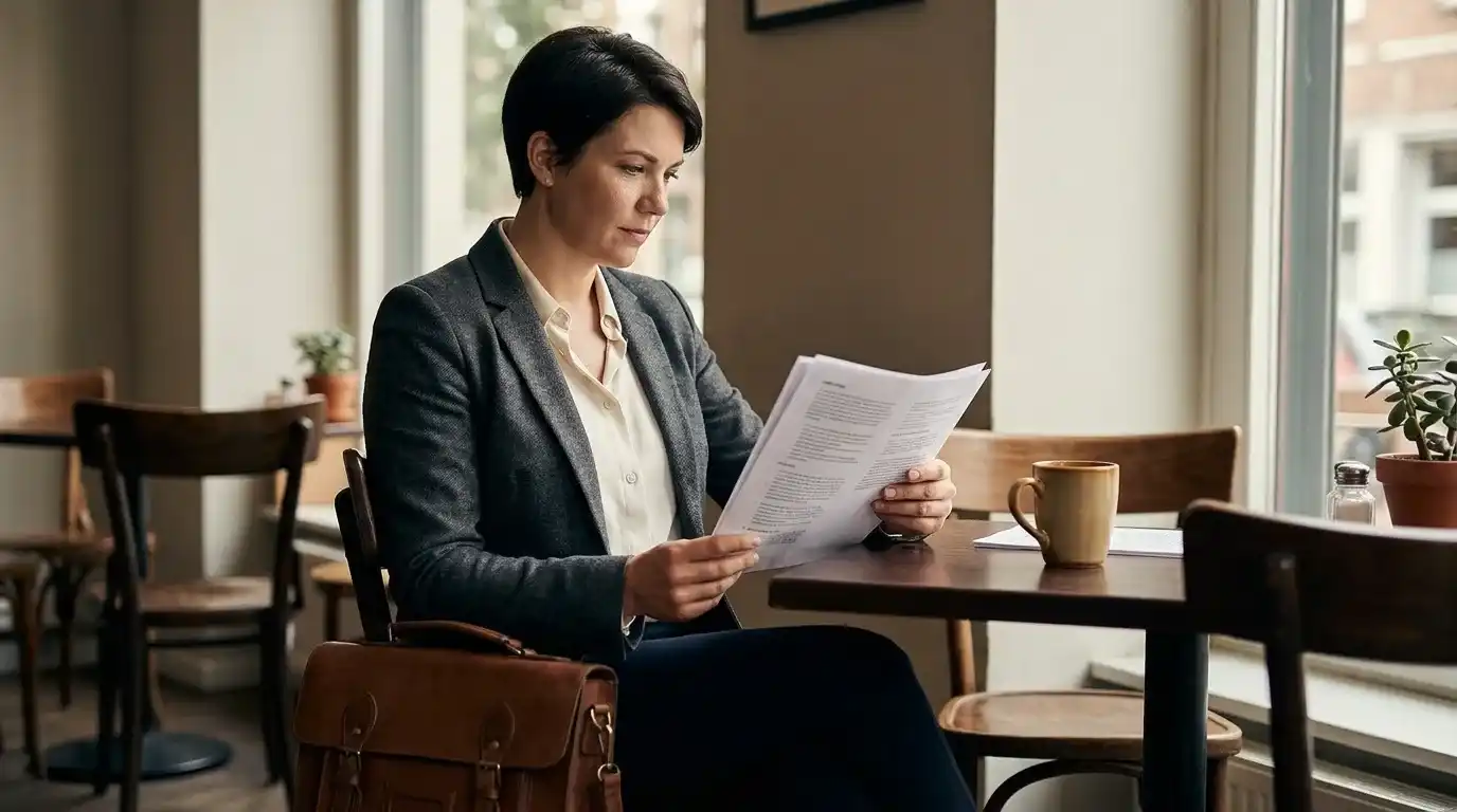 Le contenu accompagne le visiteur à chaque étape de sa réflexion : une femme lit un document à une table de café.