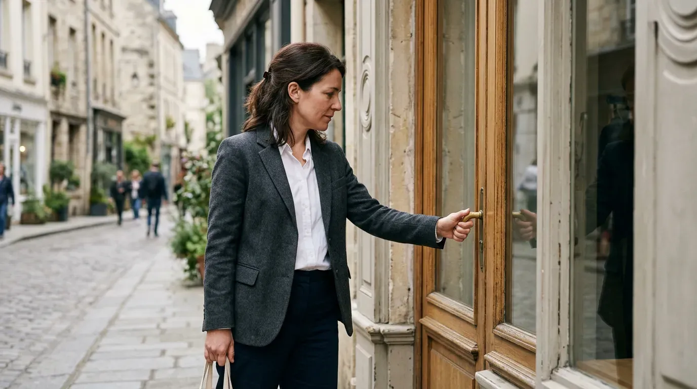 La maintenance mensuelle, c'est vérifier que tout fonctionne avant l'arrivée des clients : une commerçante teste la porte de sa boutique.